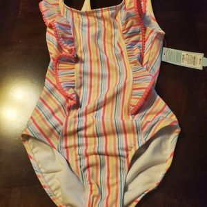 Cat & Jack Neon Strips One Piece Swimsuit Size L 10/12 New